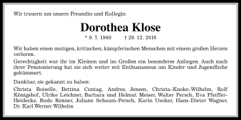 Traueranzeige von Dorothea Klose von Wetterauer Zeitung, Wetterauer Zeitung