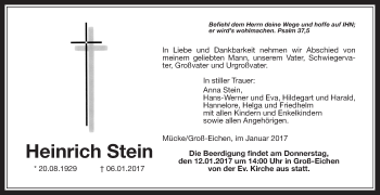 Traueranzeige von Heinrich Stein von Gießener Allgemeine, Alsfelder Allgemeine