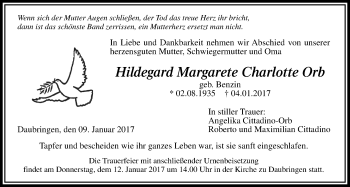 Traueranzeige von Hildegard Margarete Charlotte Orb von Gießener Allgemeine, Alsfelder Allgemeine