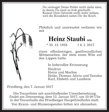 Traueranzeige von Heinz Staubi von Wetterauer Zeitung, Wetterauer Zeitung