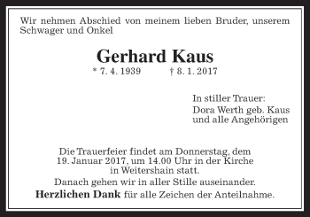 Traueranzeige von Gerhard Kaus von Gießener Allgemeine, Alsfelder Allgemeine