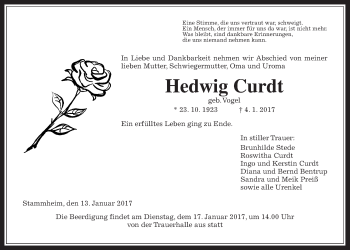 Traueranzeige von Hedwig Curdt von Wetterauer Zeitung, Wetterauer Zeitung