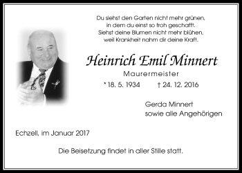 Traueranzeige von Heinrich Emil Minnert von Gießener Allgemeine, Alsfelder Allgemeine, Wetterauer Zeitung, Wetterauer Zeitung