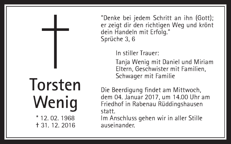  Traueranzeige für Torsten Wenig vom 03.01.2017 aus Gießener Allgemeine, Alsfelder Allgemeine