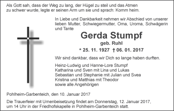 Traueranzeige von Gerda Stumpf von Gießener Allgemeine, Alsfelder Allgemeine
