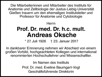 Traueranzeige von Andreas Oksche von Giessener Allgemeine, Alsfelder Allgemeine