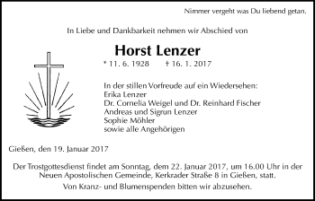 Traueranzeige von Horst Lenzer von Gießener Allgemeine, Alsfelder Allgemeine