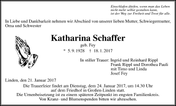 Traueranzeige von Katharina Schaffer von Gießener Allgemeine, Alsfelder Allgemeine