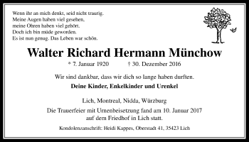 Traueranzeige von Walter Richard Hermann Münchow von Licher Wochenblatt, Licher Wochenblatt, Licher Wochenblatt