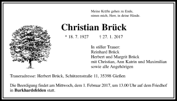 Traueranzeige von Christian Brück von Giessener Allgemeine, Alsfelder Allgemeine