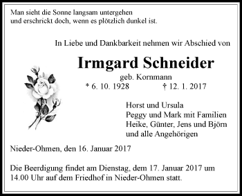 Traueranzeige von Irmgard Schneider von Gießener Allgemeine, Alsfelder Allgemeine