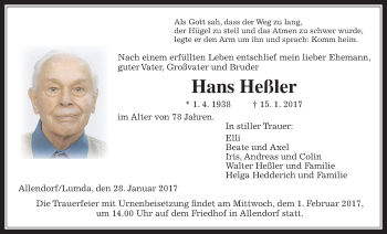 Traueranzeige von Hans Heßler von Giessener Allgemeine, Alsfelder Allgemeine