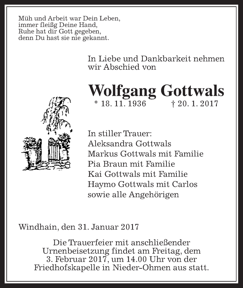  Traueranzeige für Wolfgang Gottwals vom 31.01.2017 aus Giessener Allgemeine, Alsfelder Allgemeine, Wetterauer Zeitung, Wetterauer Zeitung