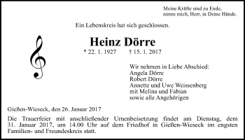 Traueranzeige von Heinz Dörre von Gießener Allgemeine, Alsfelder Allgemeine
