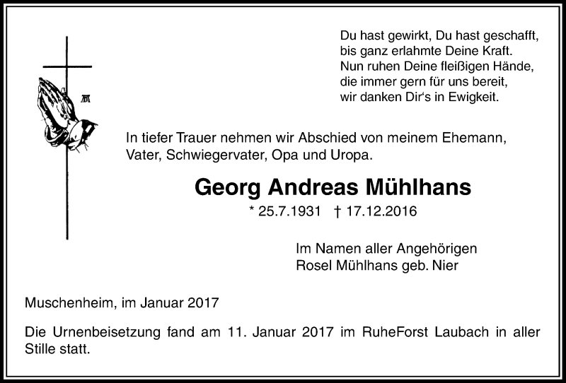  Traueranzeige für Georg Andreas Mühlhans vom 12.01.2017 aus Licher Wochenblatt, Licher Wochenblatt, Licher Wochenblatt