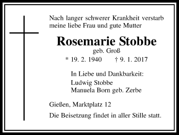 Traueranzeige von Rosemarie Stobbe von Gießener Allgemeine, Alsfelder Allgemeine