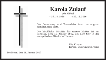 Traueranzeige von Karola Zulauf von Gießener Allgemeine, Alsfelder Allgemeine