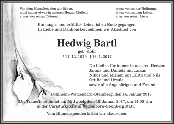 Traueranzeige von Hedwig Bartl von Gießener Allgemeine, Alsfelder Allgemeine