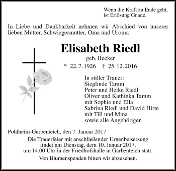 Traueranzeige von Elisabeth Riedl von Gießener Allgemeine, Alsfelder Allgemeine
