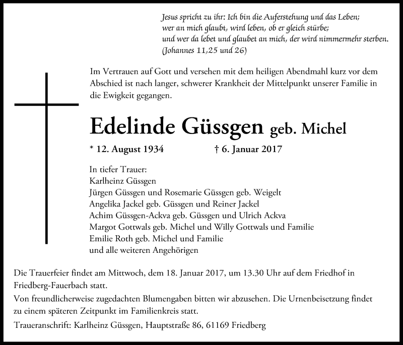  Traueranzeige für Edelinde Güssgen vom 12.01.2017 aus Wetterauer Zeitung, Wetterauer Zeitung