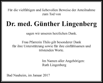 Traueranzeige von Günther Lingenberg von Wetterauer Zeitung, Wetterauer Zeitung