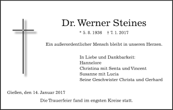 Traueranzeige von Werner Steines von Gießener Allgemeine, Alsfelder Allgemeine