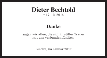 Traueranzeige von Dieter Bechtold von Gießener Allgemeine, Alsfelder Allgemeine