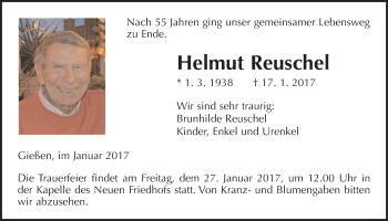 Traueranzeige von Helmut Reuschel von Gießener Allgemeine, Alsfelder Allgemeine