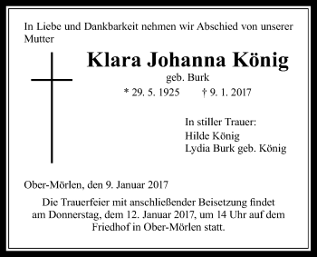 Traueranzeige von Klara Johanna König von Wetterauer Zeitung, Wetterauer Zeitung
