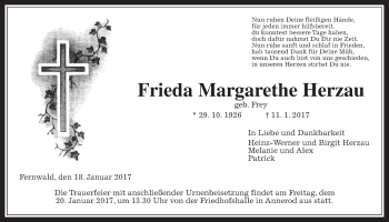 Traueranzeige von Frieda Margarethe Herzau von Gießener Allgemeine, Alsfelder Allgemeine