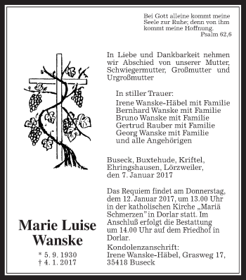 Traueranzeige von Marie Luise Wanske von Gießener Allgemeine, Alsfelder Allgemeine