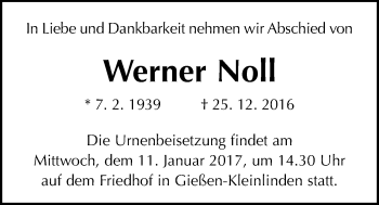 Traueranzeige von Werner Noll von Gießener Allgemeine, Alsfelder Allgemeine