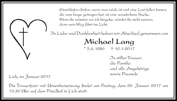 Traueranzeige von Michael Lang von Licher Wochenblatt, Licher Wochenblatt, Licher Wochenblatt