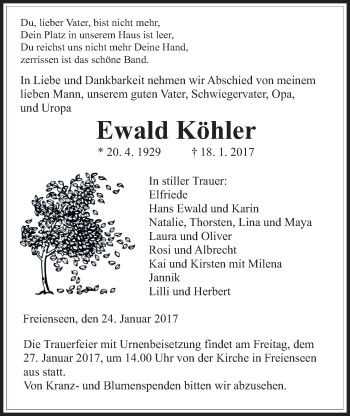 Traueranzeige von Ewald Köhler von Gießener Allgemeine, Alsfelder Allgemeine