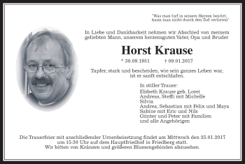 Traueranzeige von Horst Krause von Wetterauer Zeitung, Wetterauer Zeitung