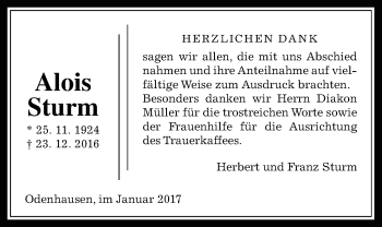 Traueranzeige von Alois Sturm von Rabenauer Zeitung