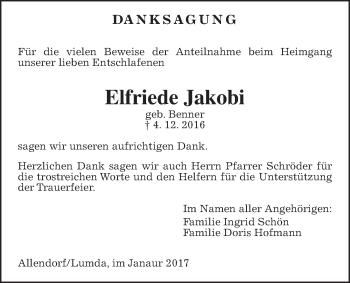 Traueranzeige von Elfriede Jakobi von Allendorfer Mitteilungen
