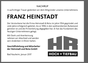 Traueranzeige von Franz Heinstadt von Wetterauer Zeitung, Wetterauer Zeitung