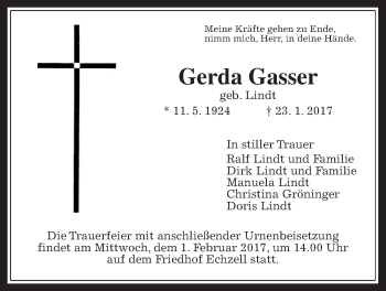 Traueranzeige von Gerda Gasser von Wetterauer Zeitung, Wetterauer Zeitung