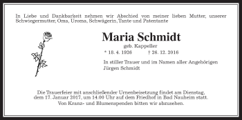 Traueranzeige von Maria Schmidt von Wetterauer Zeitung, Wetterauer Zeitung