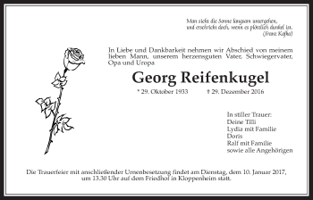 Traueranzeige von Georg Reifenkugel von Wetterauer Zeitung, Wetterauer Zeitung