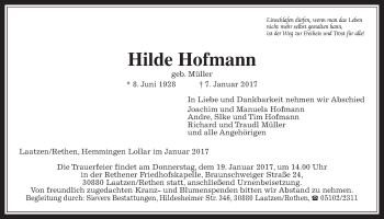 Traueranzeige von Hilde Hofmann von Gießener Allgemeine, Alsfelder Allgemeine