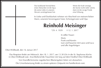 Traueranzeige von Reinhold Meisinger von Wetterauer Zeitung, Wetterauer Zeitung