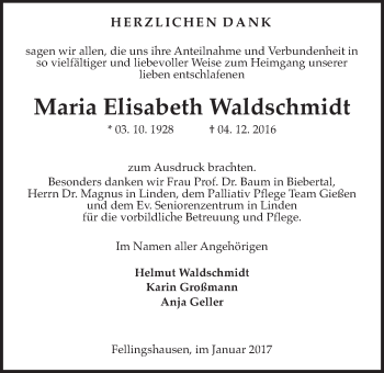 Traueranzeige von Maria Elisabeth Waldschmidt von Gießener Allgemeine, Alsfelder Allgemeine