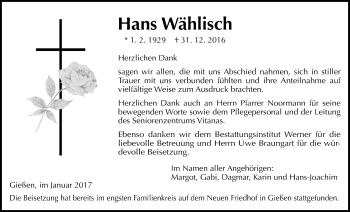 Traueranzeige von Hans Wählisch von Gießener Allgemeine, Alsfelder Allgemeine