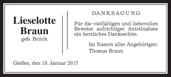 Traueranzeige von Lieselotte Braun von Gießener Allgemeine, Alsfelder Allgemeine