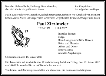 Traueranzeige von Paul Zirzlmeier von Licher Wochenblatt, Licher Wochenblatt, Licher Wochenblatt