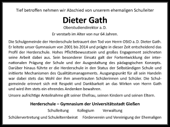 Traueranzeige von Dieter Gath von Gießener Allgemeine, Alsfelder Allgemeine