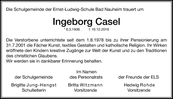 Traueranzeige von Ingeborg Casel von Wetterauer Zeitung, Wetterauer Zeitung
