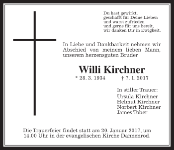 Traueranzeige von Willi Kirchner von Alsfelder Allgemeine